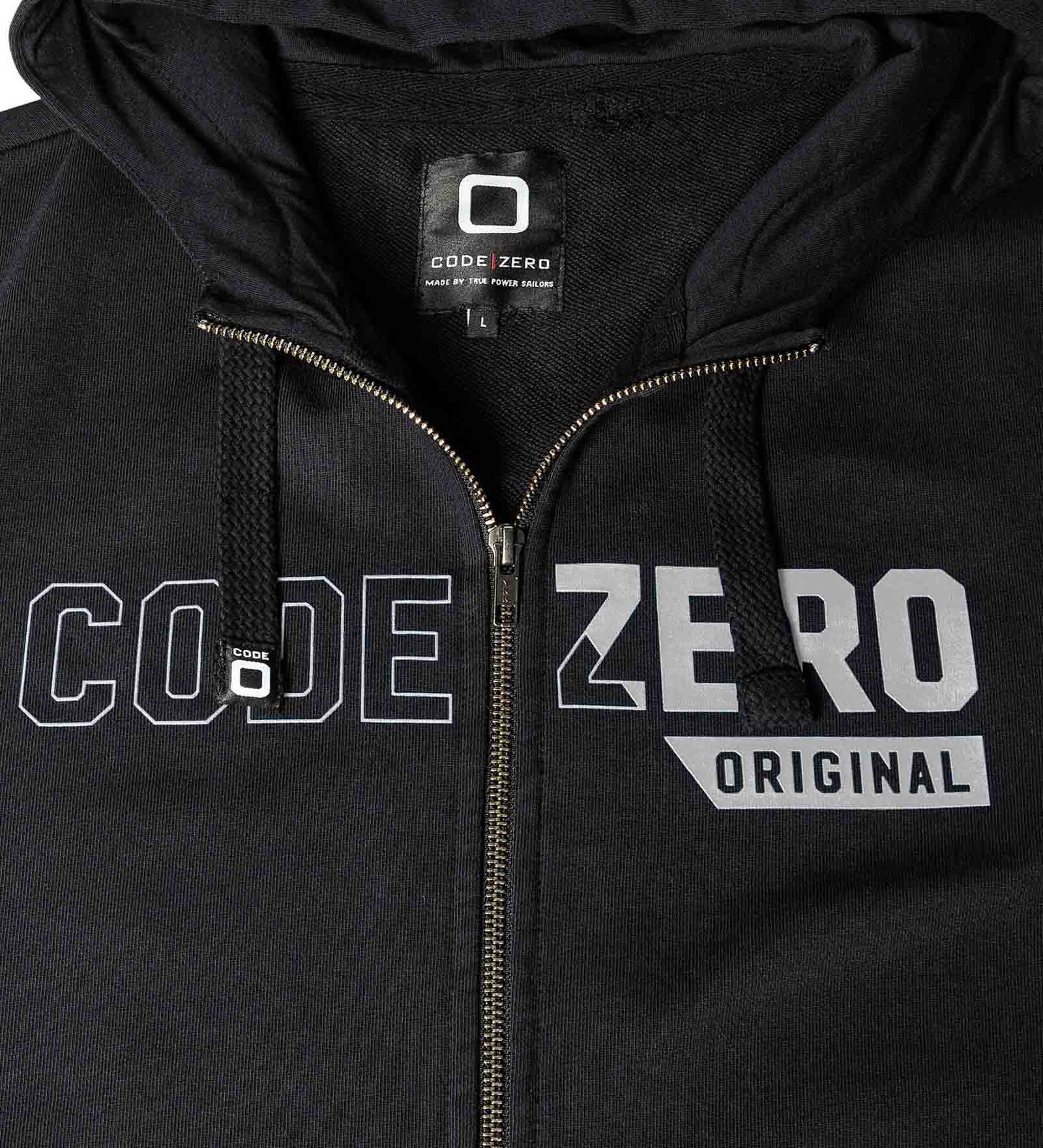 Light grey logo and a zip