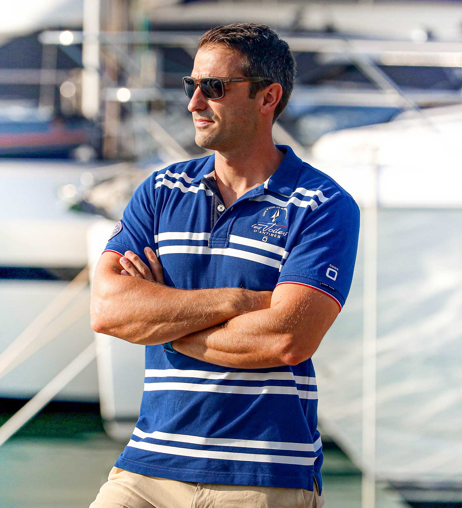 Blue-striped men's polo shirt